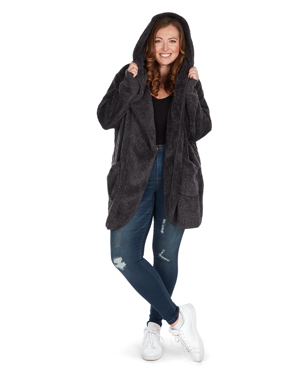 Charcoal Marled Plush Hooded Cardigan - Squash Cancer